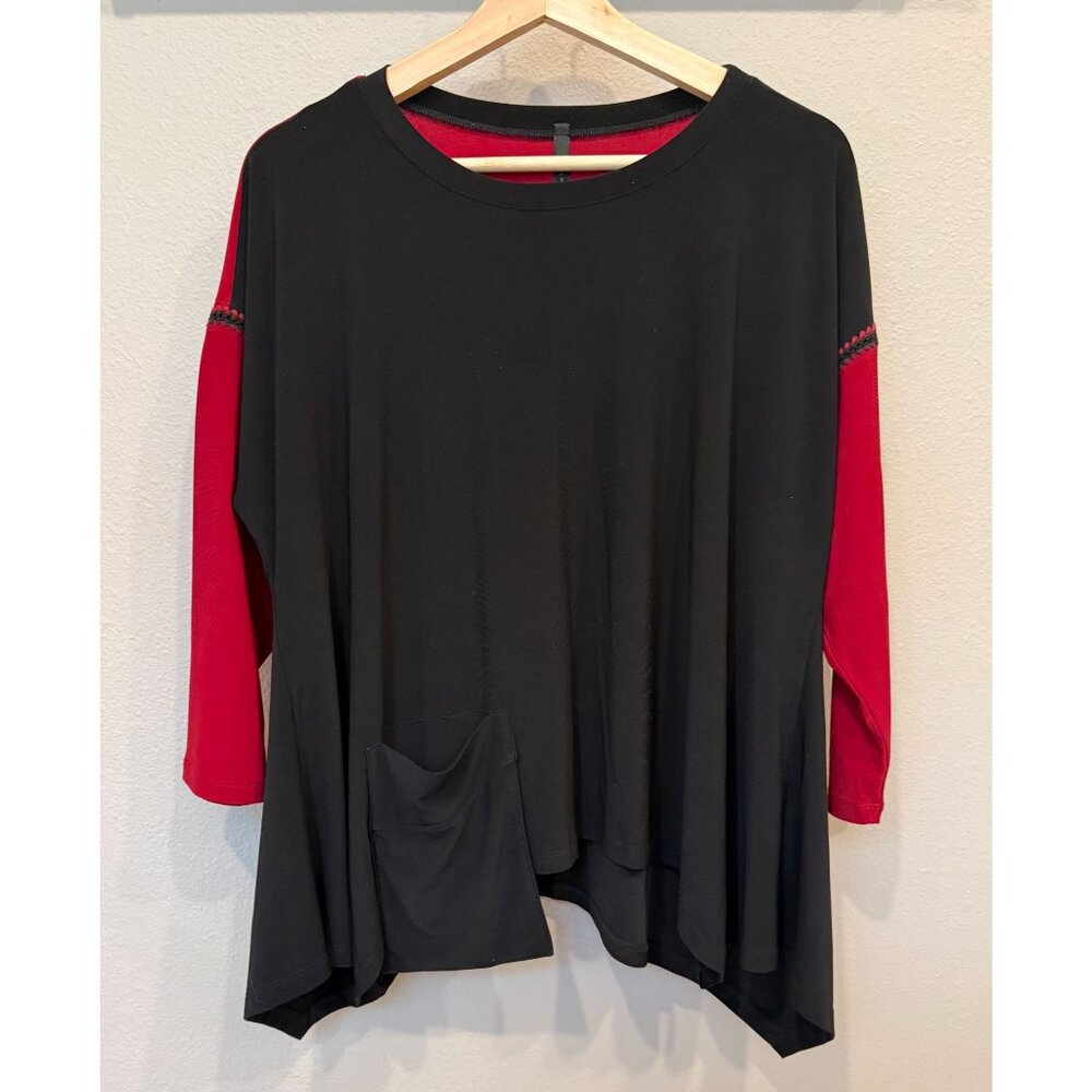 IC By Connie K Women's Black Red 3/4 Sleeves Stretchy Blouse Small Lagenlook